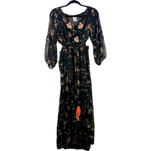 WRAPPER Black Floral Print Long Sleeve Maxi Wrap Dress - NWT
